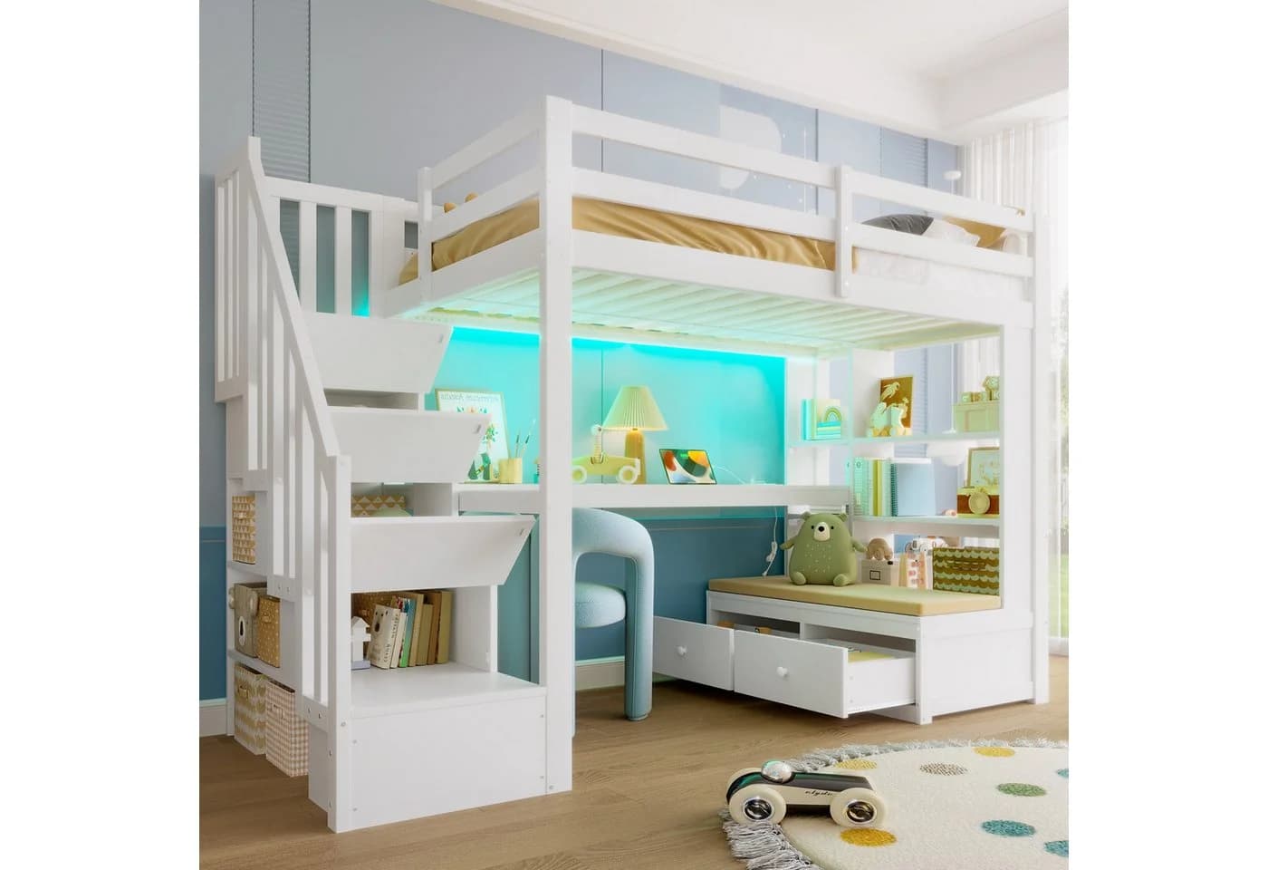 Flieks Hochbett Kinderbett mit LED, Stauraumtreppe, Schreibtisch