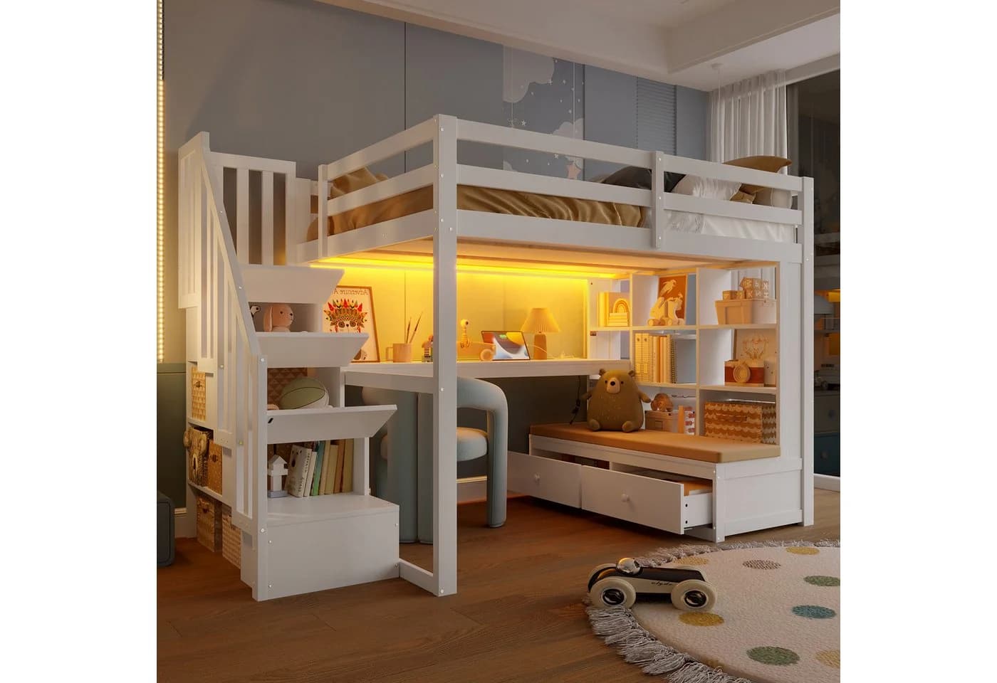 Flieks Hochbett Kinderbett mit LED, Stauraumtreppe, Schreibtisch - Bild 2