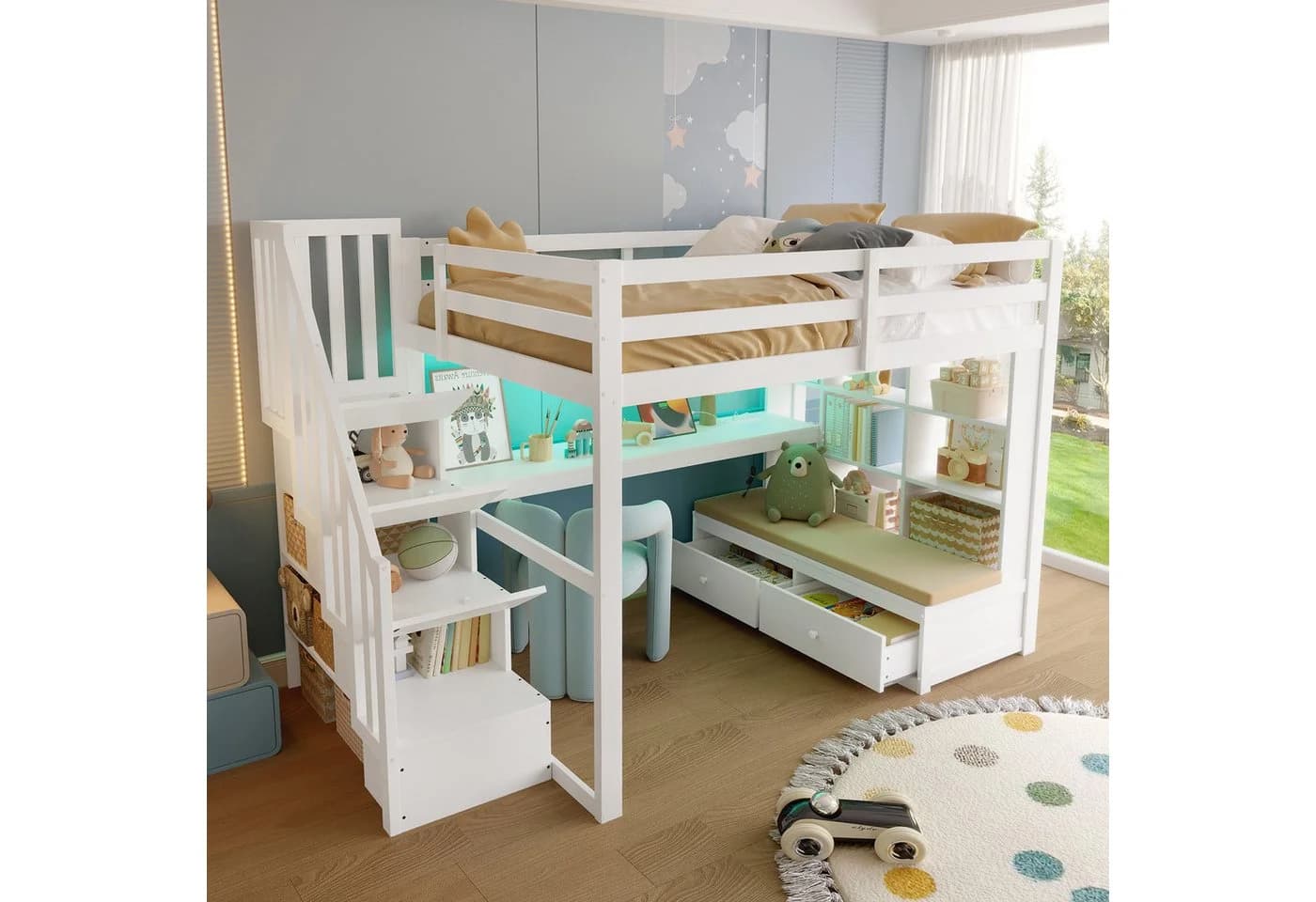 Flieks Hochbett Kinderbett mit LED, Stauraumtreppe, Schreibtisch - Bild 3