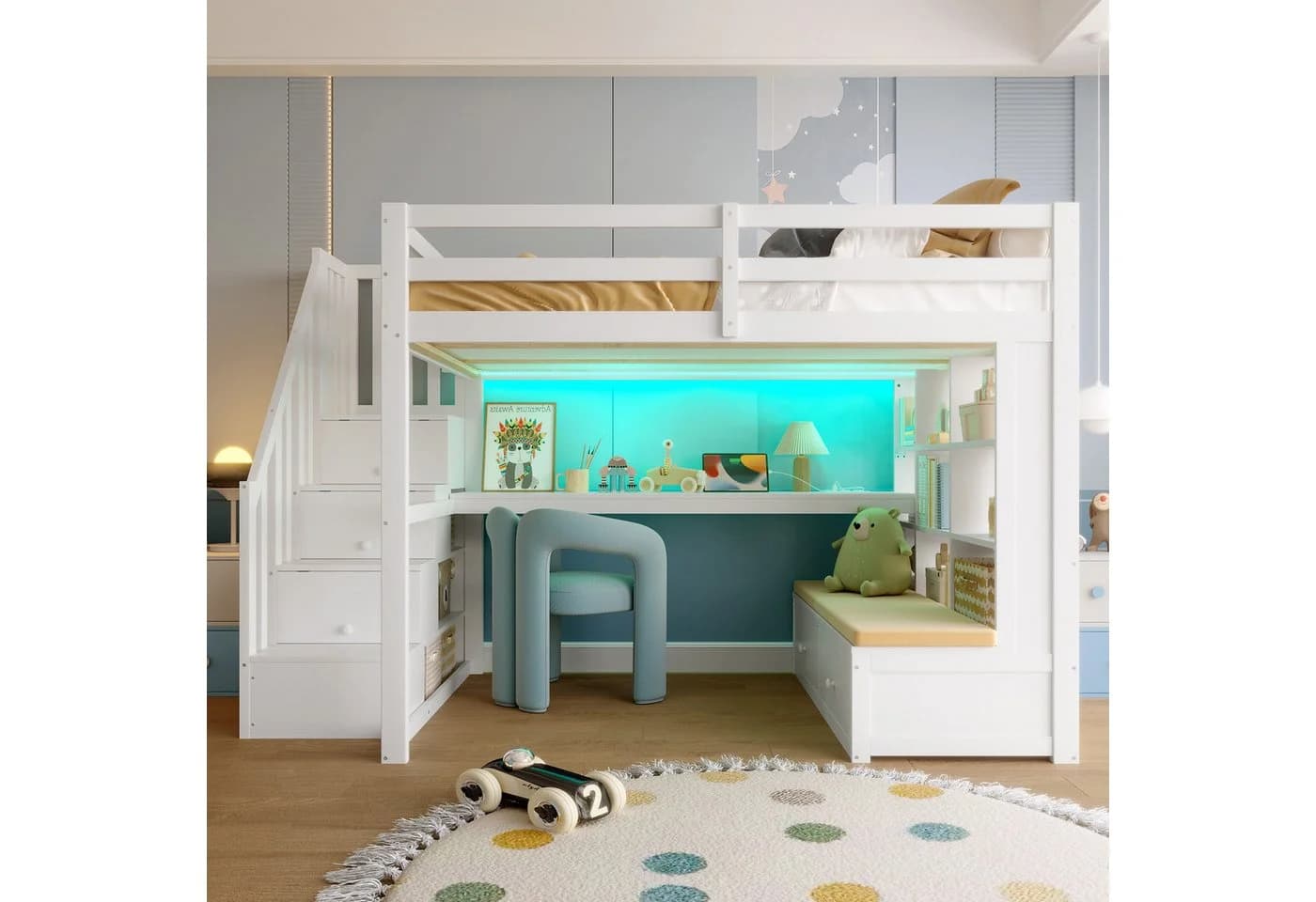 Flieks Hochbett Kinderbett mit LED, Stauraumtreppe, Schreibtisch - Bild 4