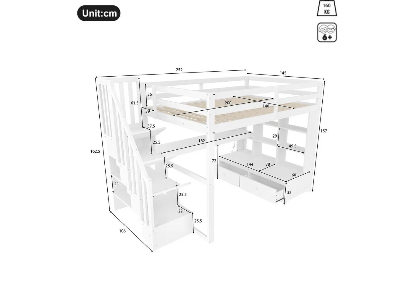 Flieks Hochbett Kinderbett mit LED, Stauraumtreppe, Schreibtisch - Bild 5