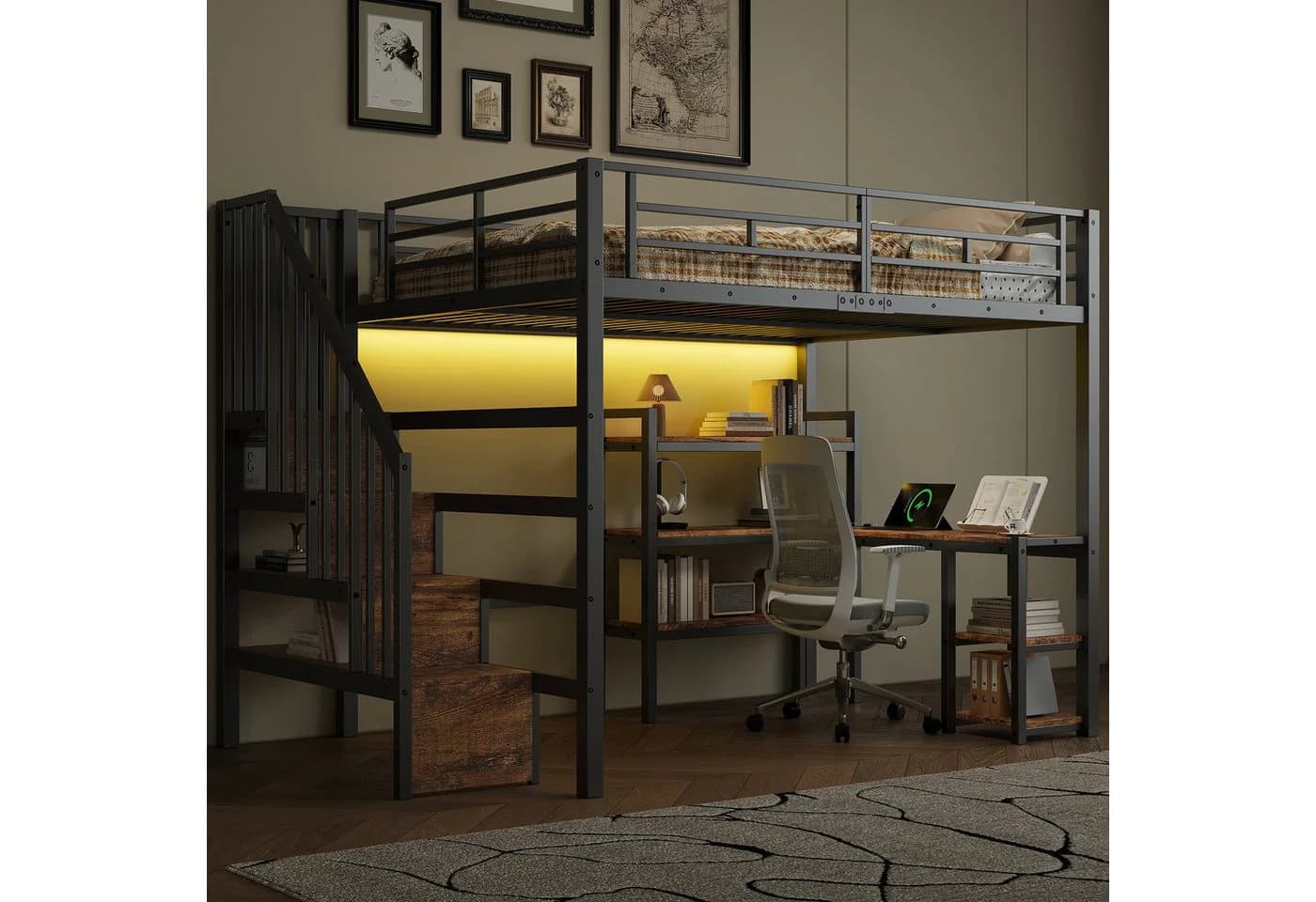 Flieks Metall-Hochbett 140x200 mit Schreibtisch & LED