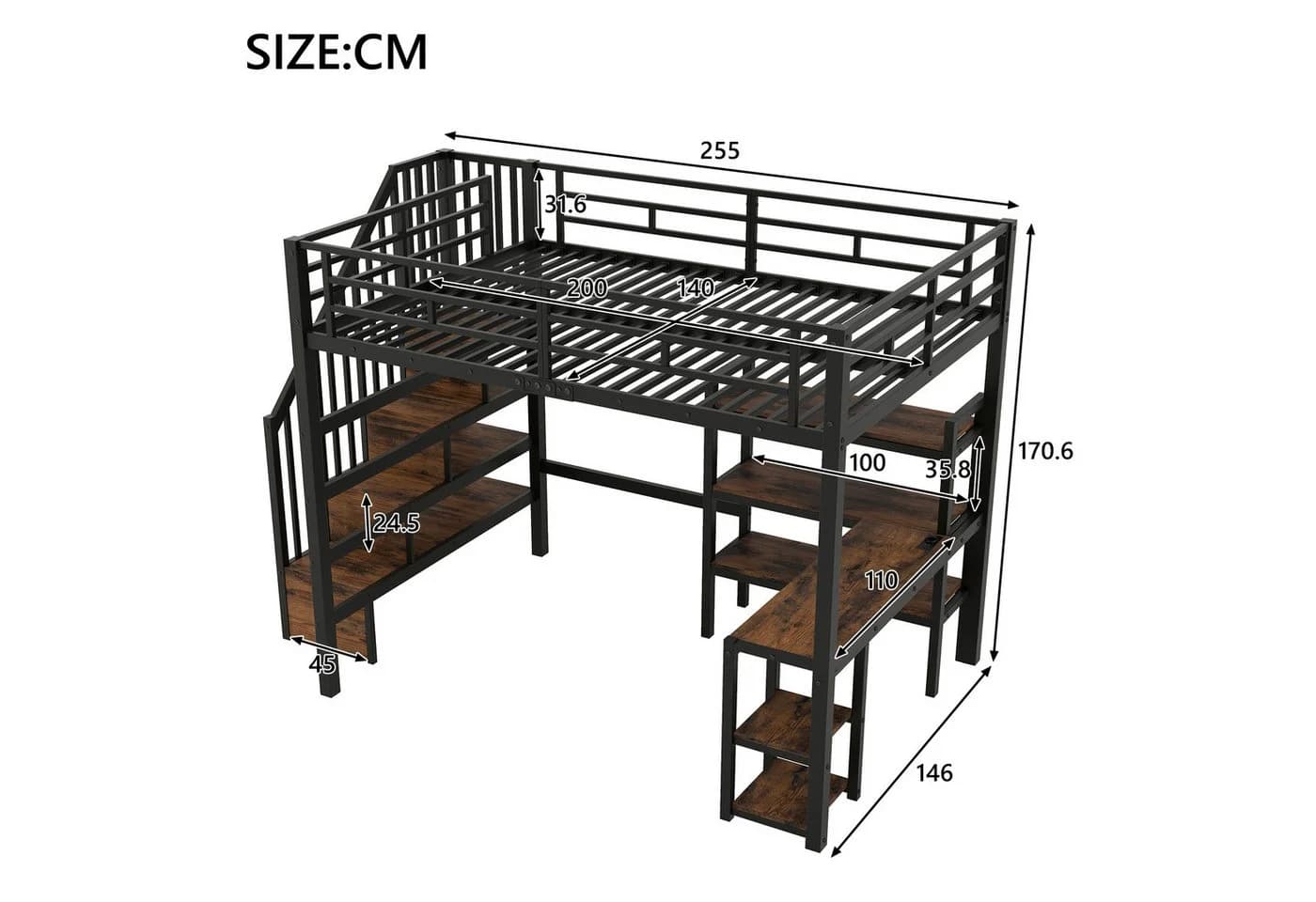 Flieks Metall-Hochbett 140x200 mit Schreibtisch & LED - Bild 5