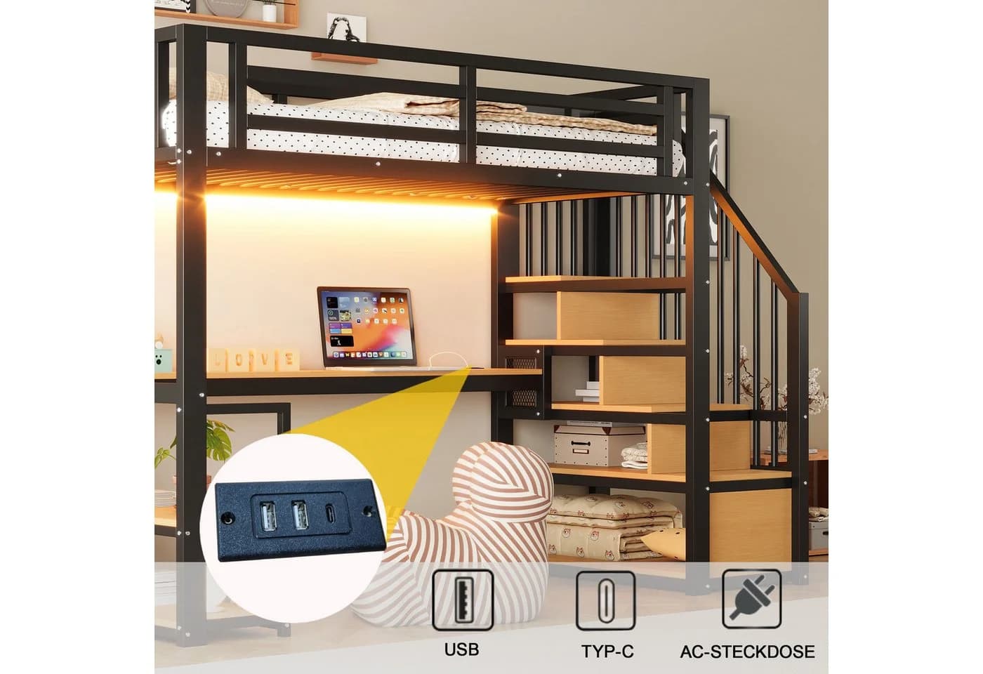 Flieks Hochbett Metall 90x200 mit Stauraumtreppe - Bild 5
