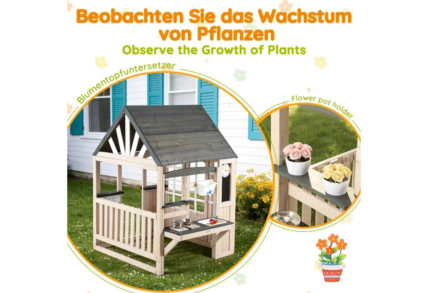 Flieks Outdoor-Spielküche Massivholz Hausform mit Wasserhahn
