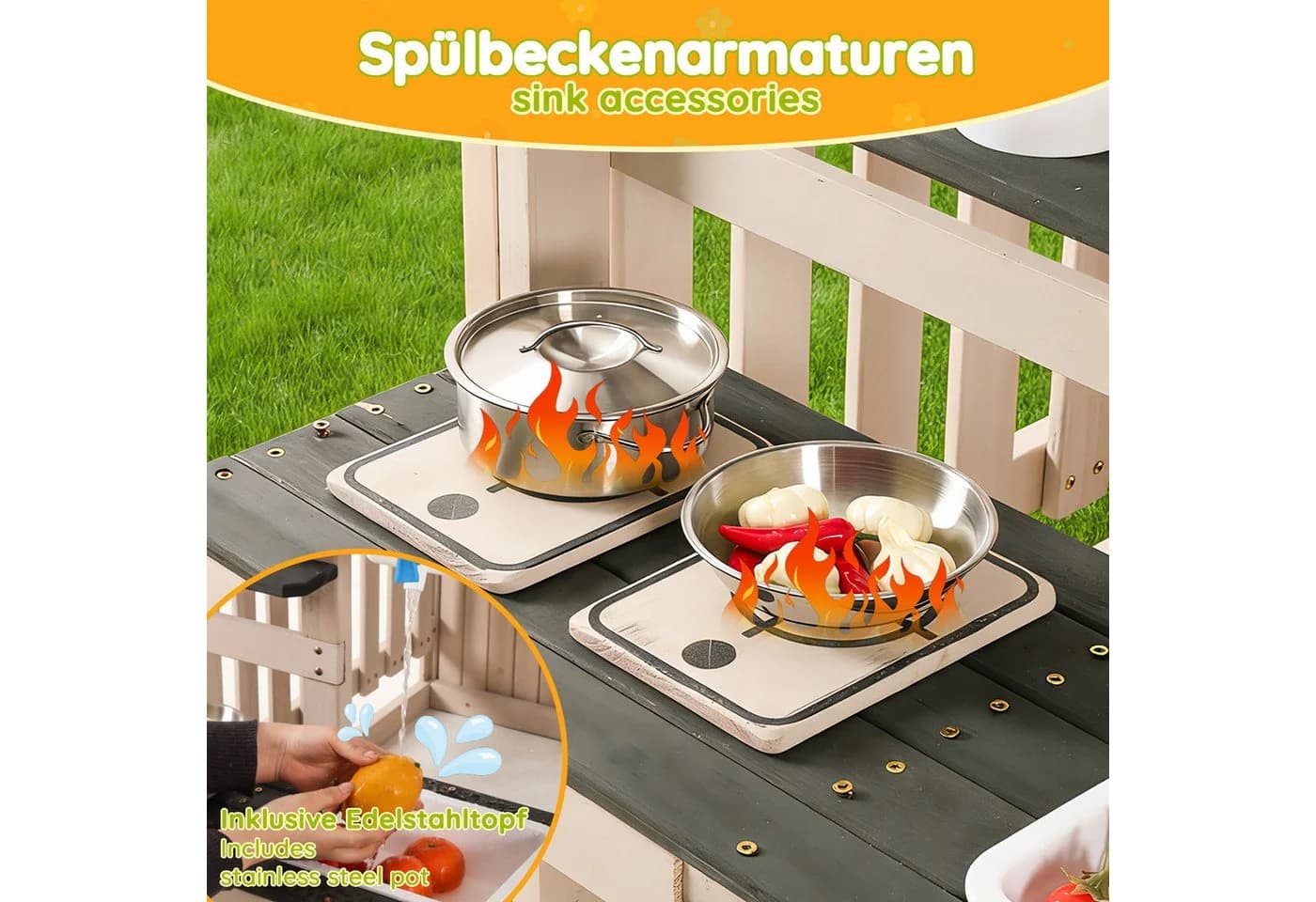 Flieks Outdoor-Spielküche Massivholz Hausform mit Wasserhahn - Bild 3