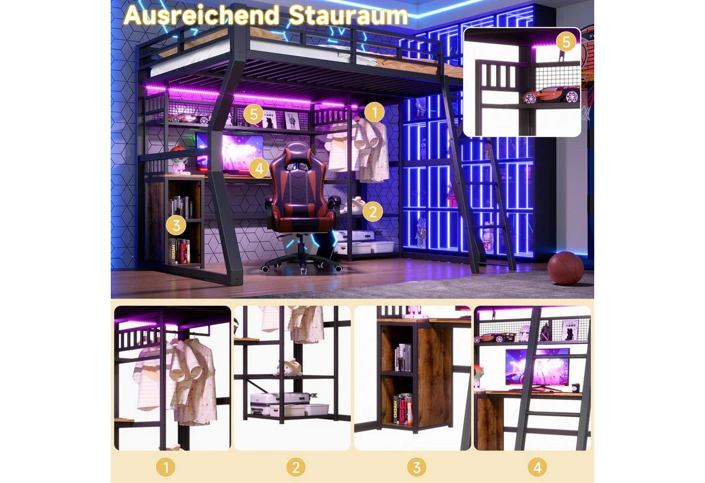 Flieks Hochbett Metallbett 140x200cm Schwarz mit Lichtleiste und Schreibtisch - Bild 5