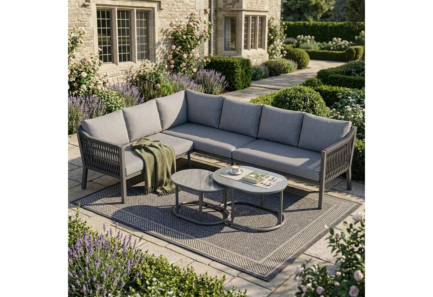 Flieks Gartenlounge-Set 6-Sitzer Ecksofa mit Glastischplatte