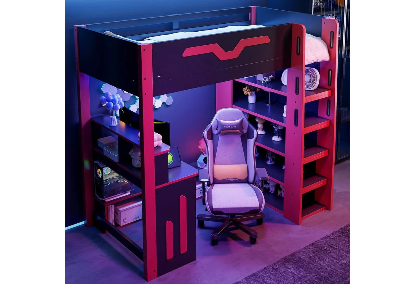 Flieks Hochbett mit Schreibtisch, LED & Stauraumregal Schwarz - Bild 3