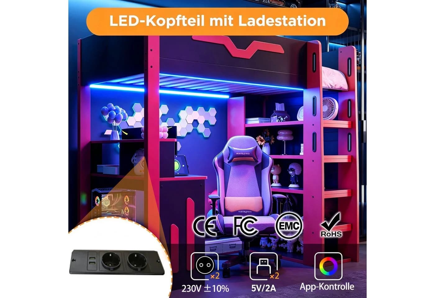 Flieks Hochbett mit Schreibtisch, LED & Stauraumregal Schwarz - Bild 4