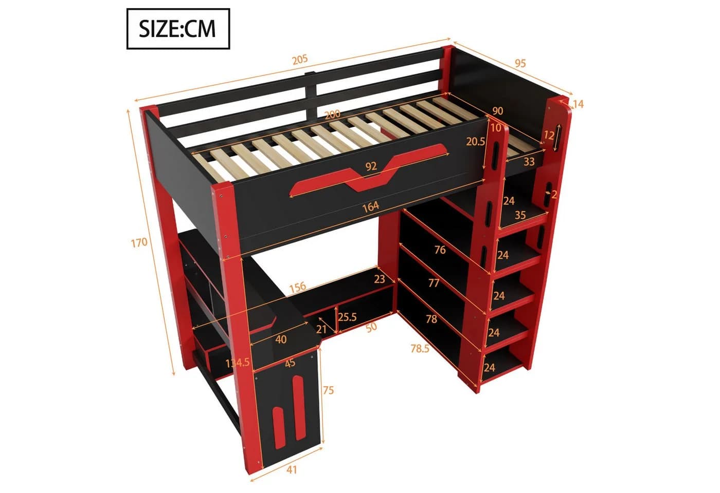 Flieks Hochbett mit Schreibtisch, LED & Stauraumregal Schwarz - Bild 5