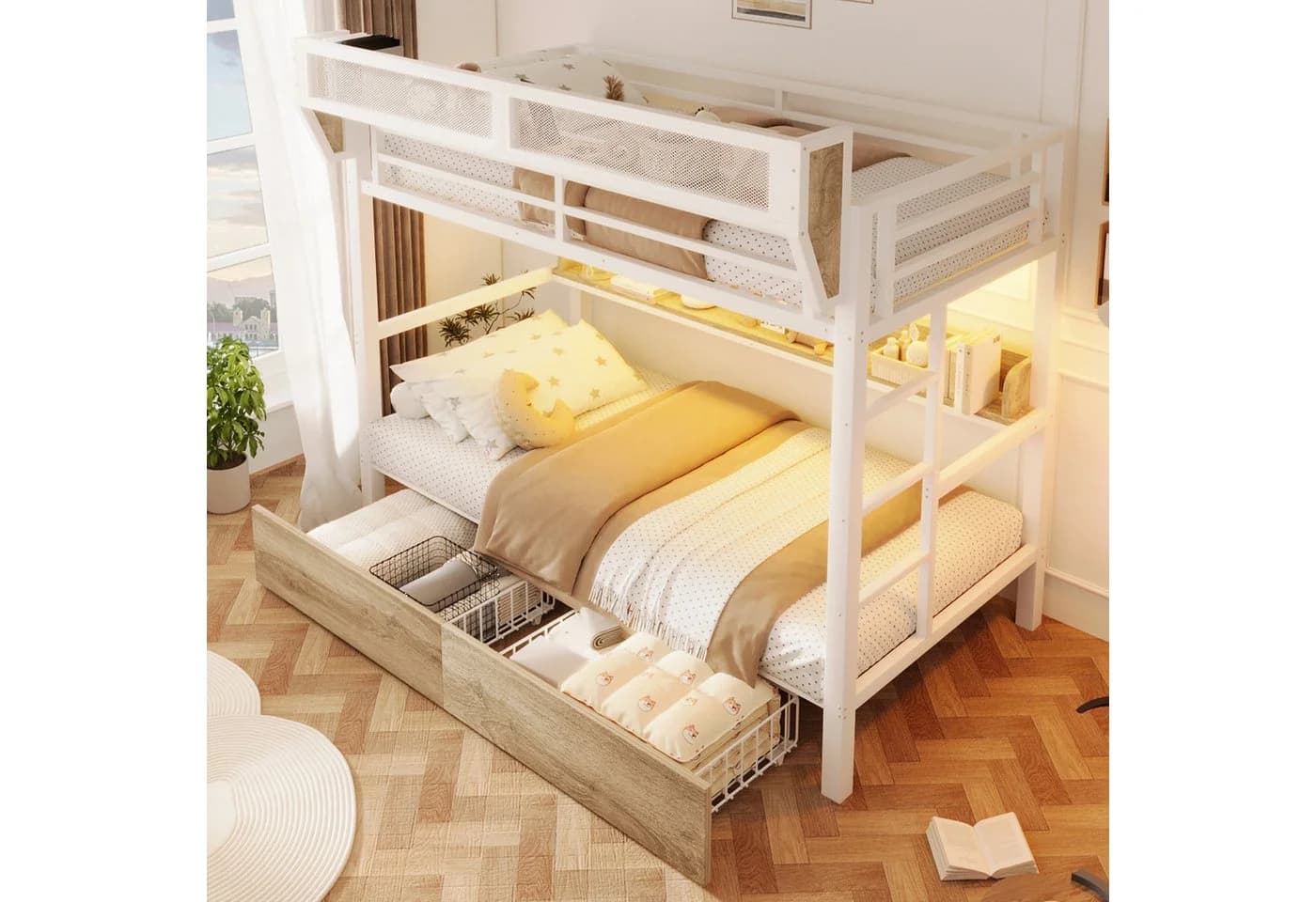 Flieks Etagenbett Metall 90x200cm mit LED-Beleuchtung und Stauraum