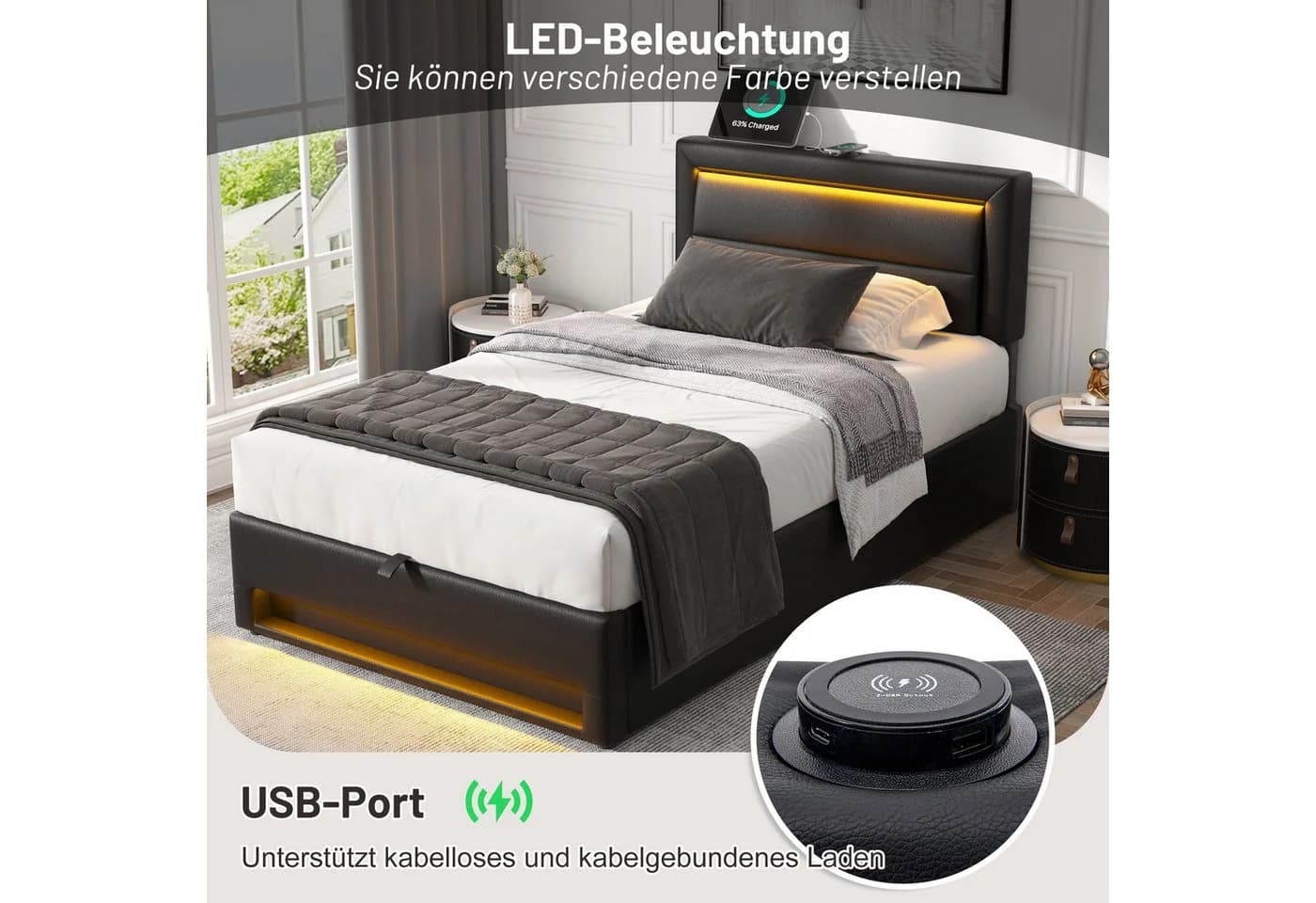 Flieks Polsterbett Einzelbett 90x190 Schwarz LED USB Stauraum