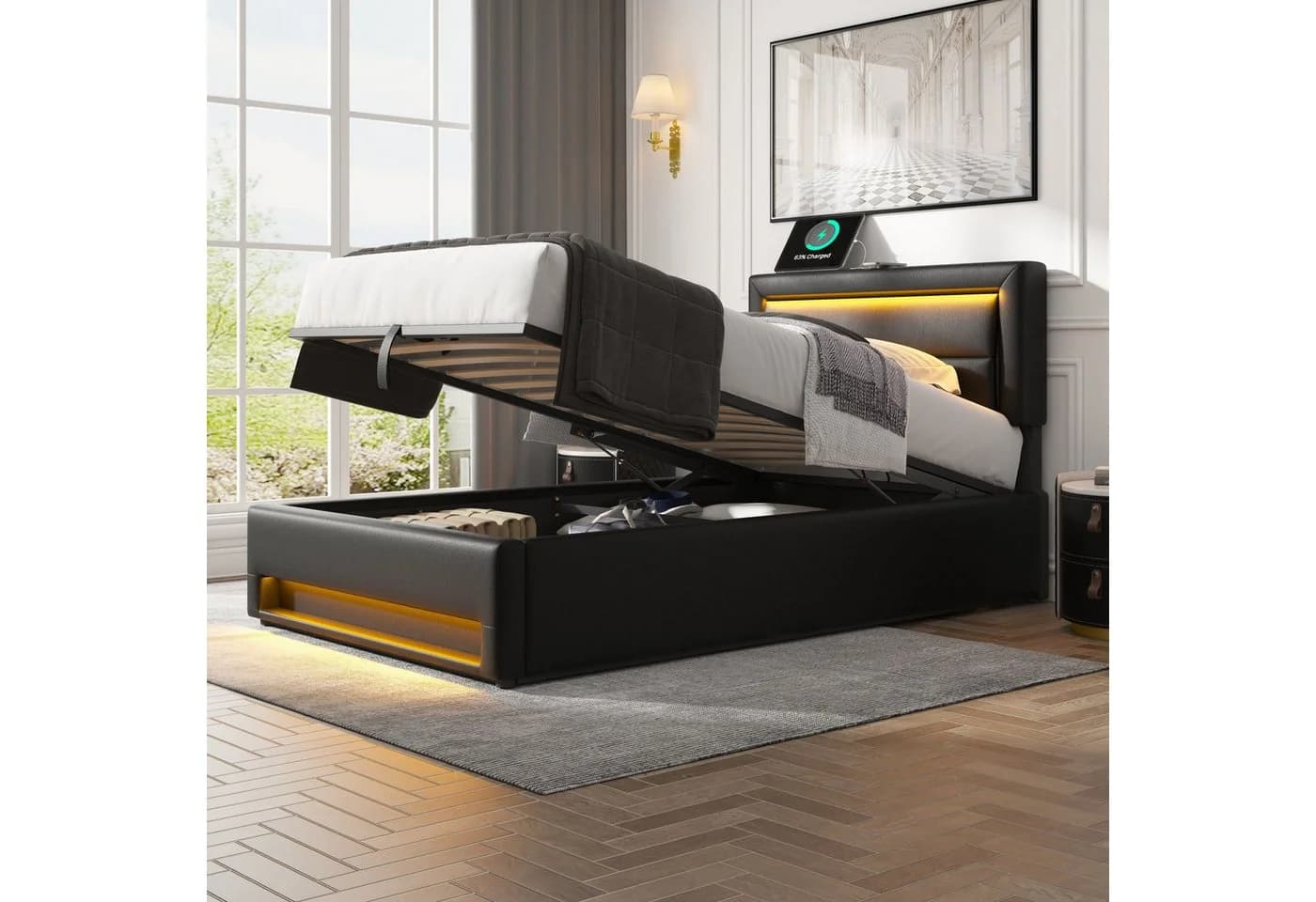Flieks Polsterbett Einzelbett 90x190 Schwarz LED USB Stauraum - Bild 2