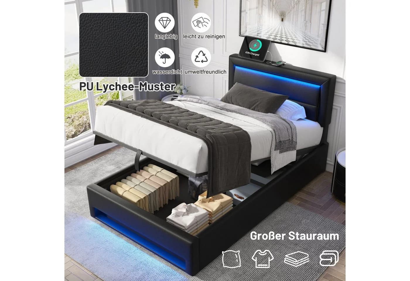 Flieks Polsterbett Einzelbett 90x190 Schwarz LED USB Stauraum - Bild 3