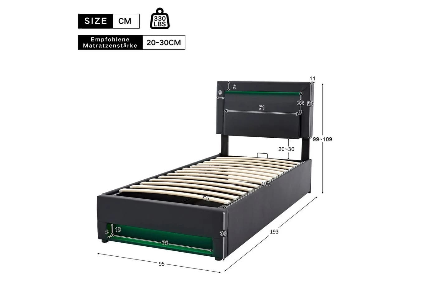 Flieks Polsterbett Einzelbett 90x190 Schwarz LED USB Stauraum - Bild 4