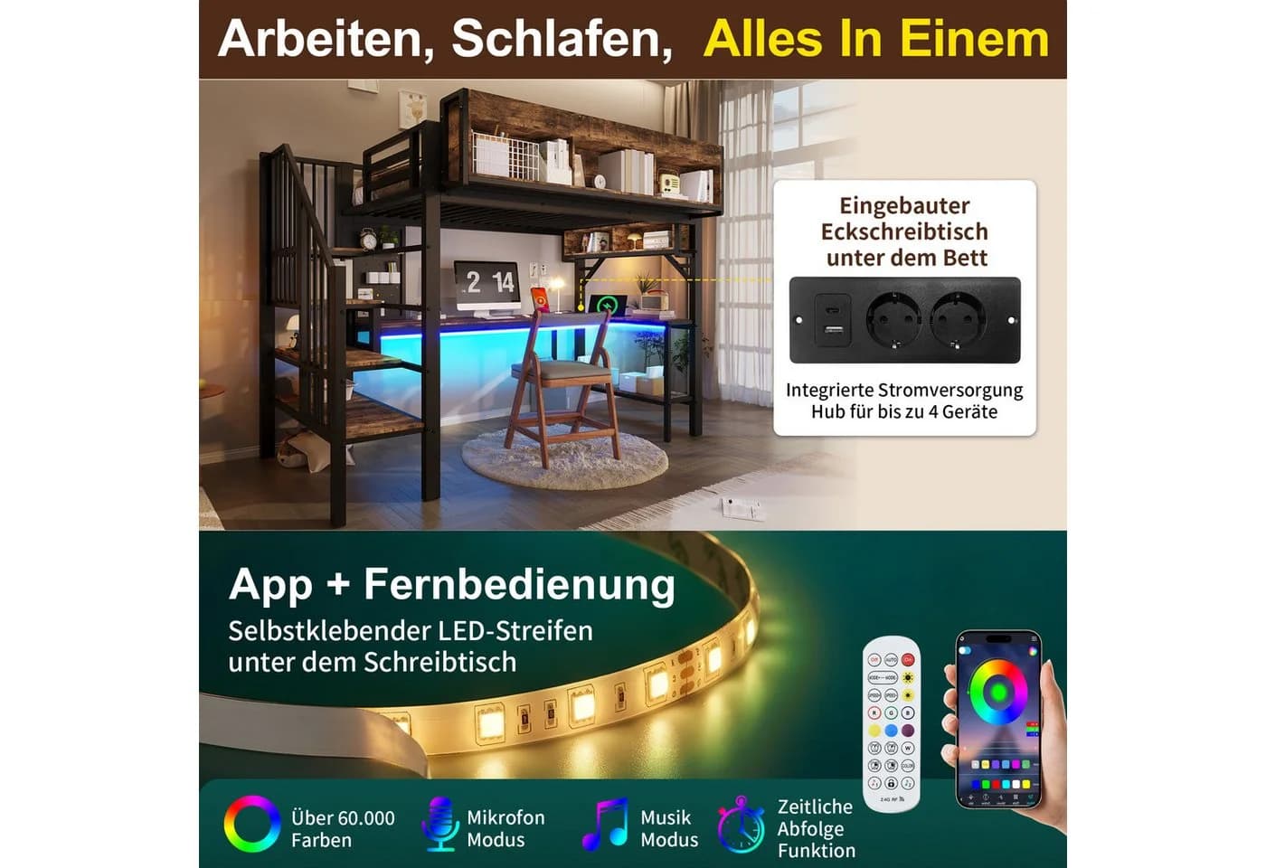 Flieks Hochbett Metall Schwarz mit Eckschreibtisch & Lichtleiste - Bild 4