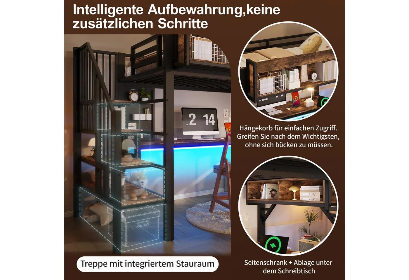 Flieks Hochbett Metall Schwarz mit Eckschreibtisch & Lichtleiste - Bild 5
