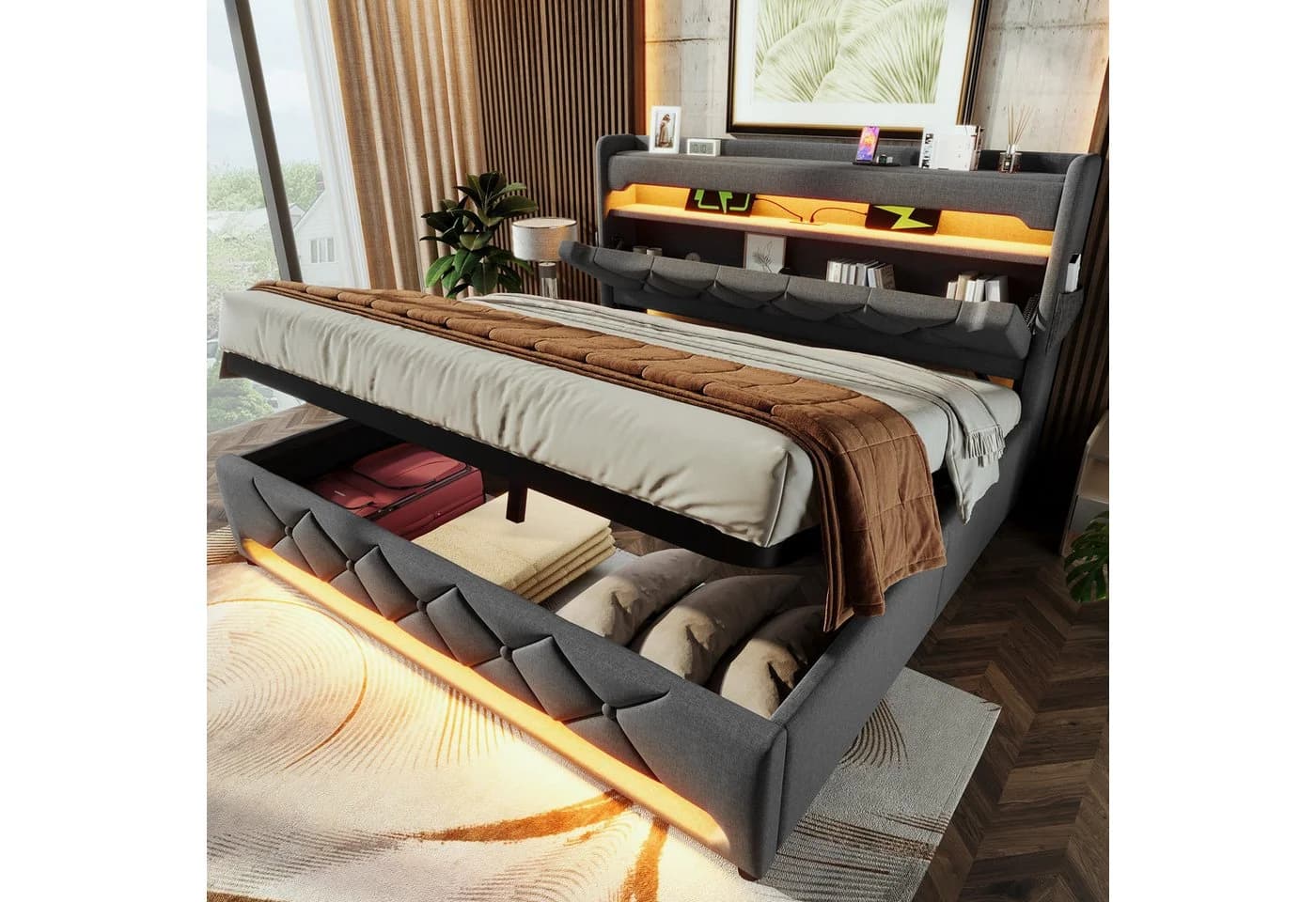 Flieks Polsterbett 180x200 mit LED & USB Stauraumbett Grau - Bild 2