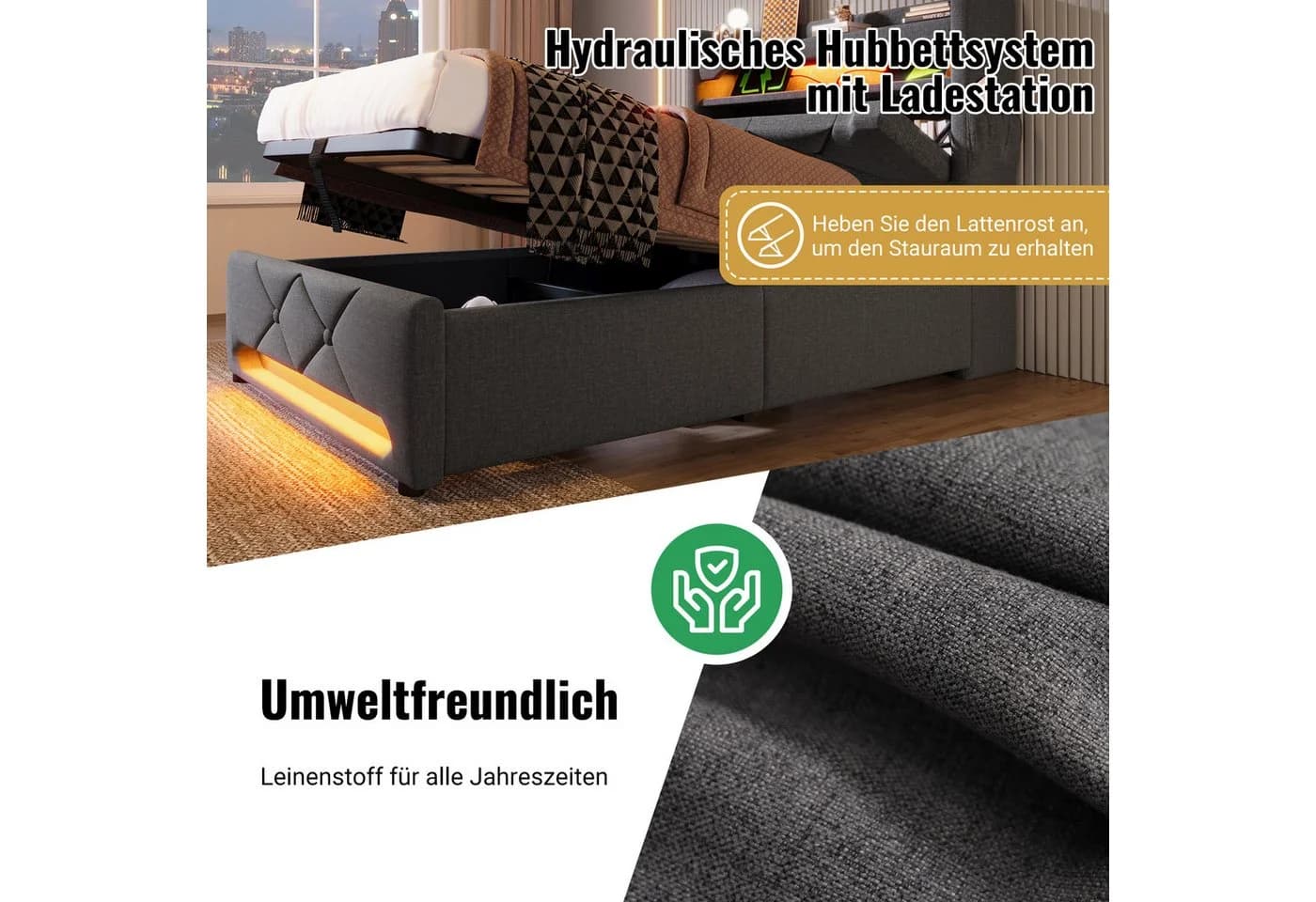 Flieks Polsterbett 180x200 mit LED & USB Stauraumbett Grau - Bild 4
