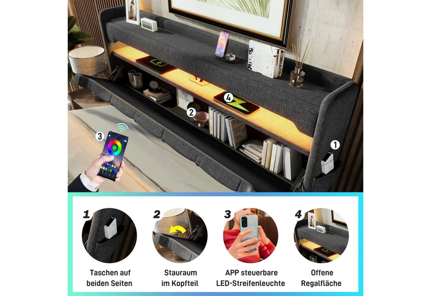 Flieks Polsterbett 180x200 mit LED & USB Stauraumbett Grau - Bild 5
