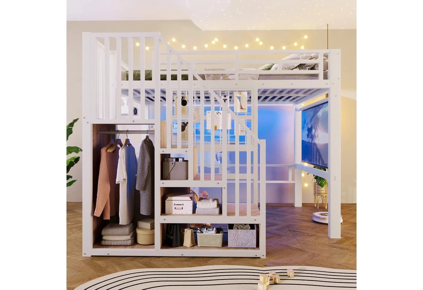 Flieks Hochbett Weiß mit Stauraumtreppe & Lichtstreife