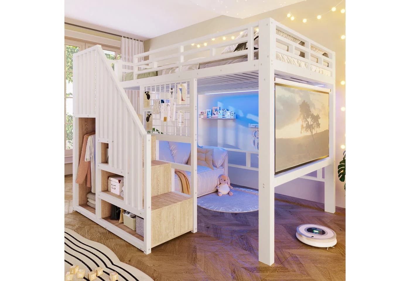 Flieks Hochbett Weiß mit Stauraumtreppe & Lichtstreife - Bild 2