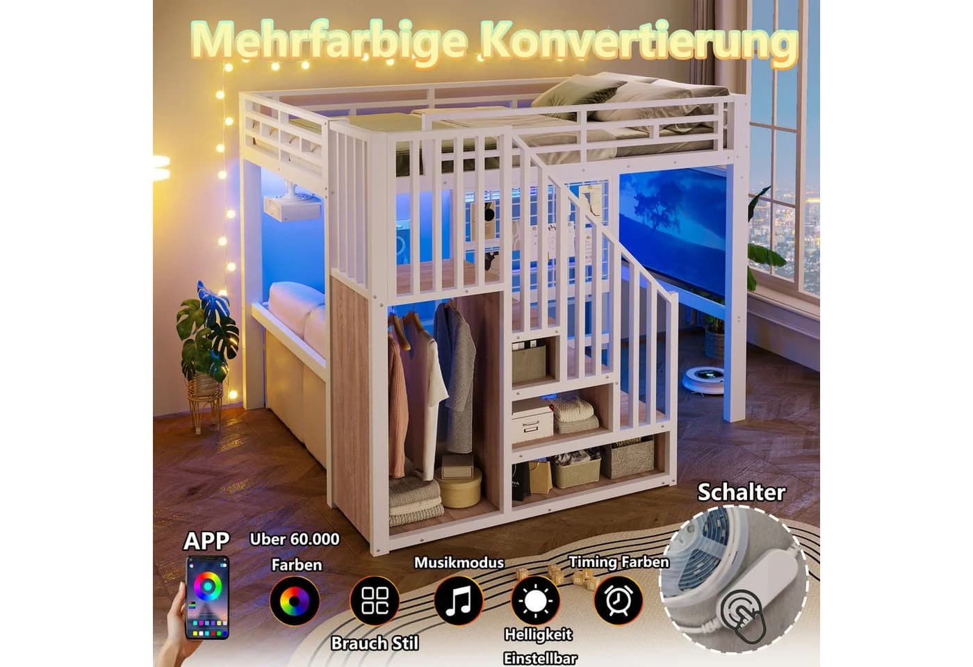 Flieks Hochbett Weiß mit Stauraumtreppe & Lichtstreife - Bild 3