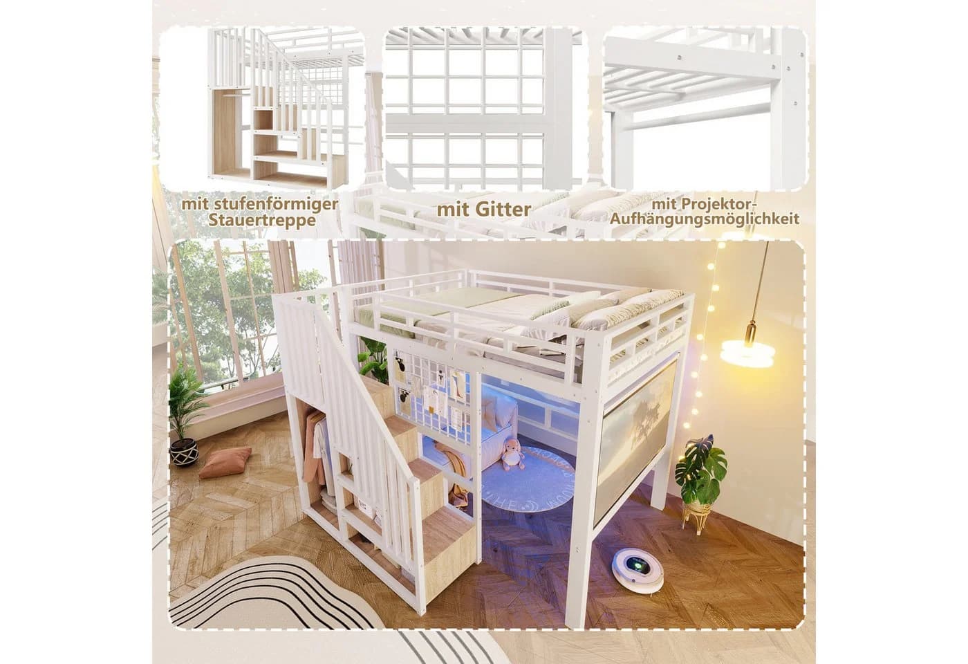 Flieks Hochbett Weiß mit Stauraumtreppe & Lichtstreife - Bild 4