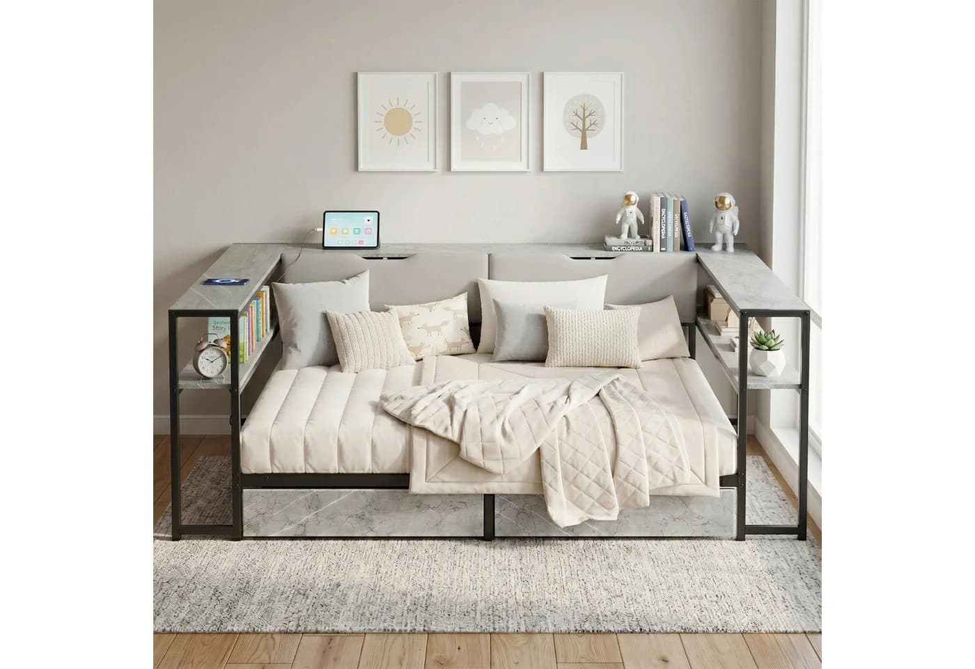 Flieks Kinderbett Metall Daybett Schlafsofa Grau mit Stauraum