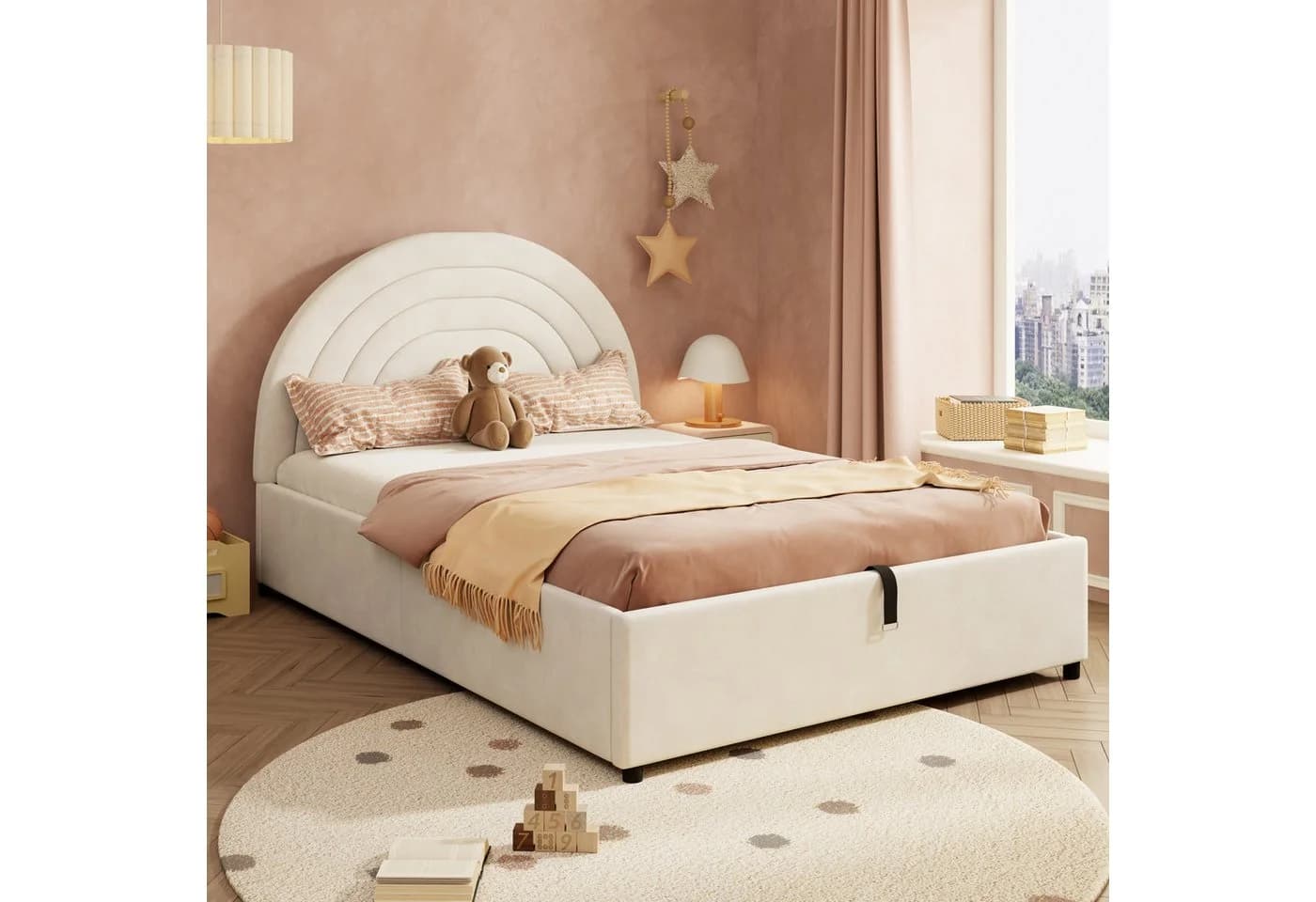 Flieks Polsterbett Beige mit Bettkasten und Samtbezug
