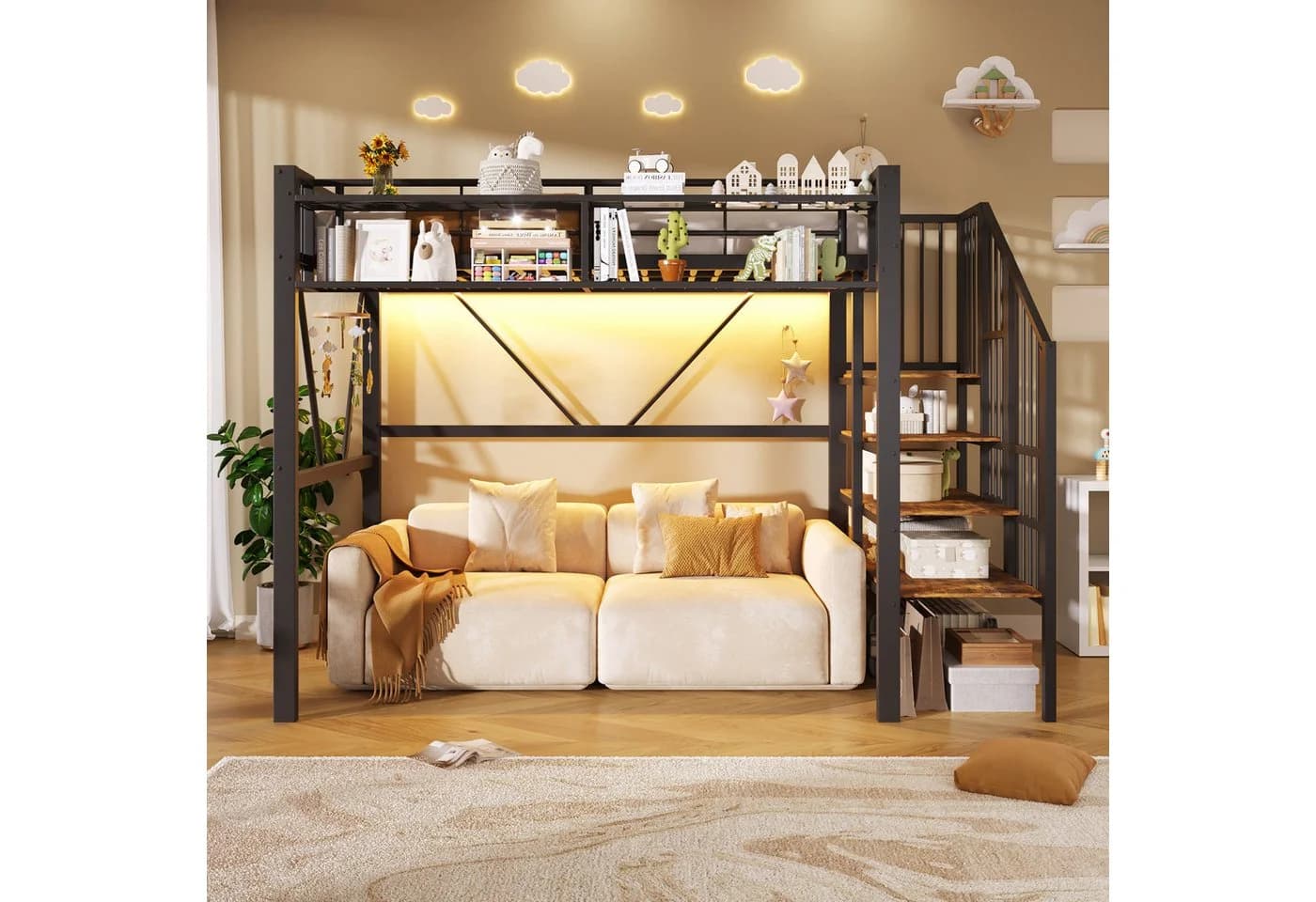 Flieks Hochbett Metallbett 90x200cm Schwarz mit LED und Stauraumtreppe