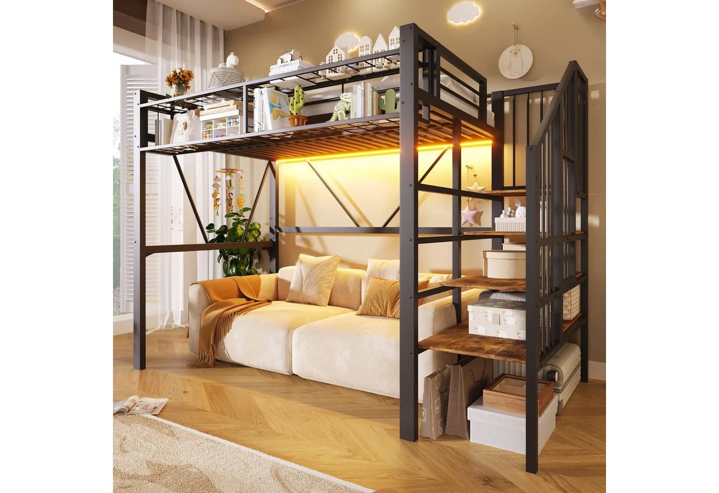 Flieks Hochbett Metallbett 90x200cm Schwarz mit LED und Stauraumtreppe - Bild 2