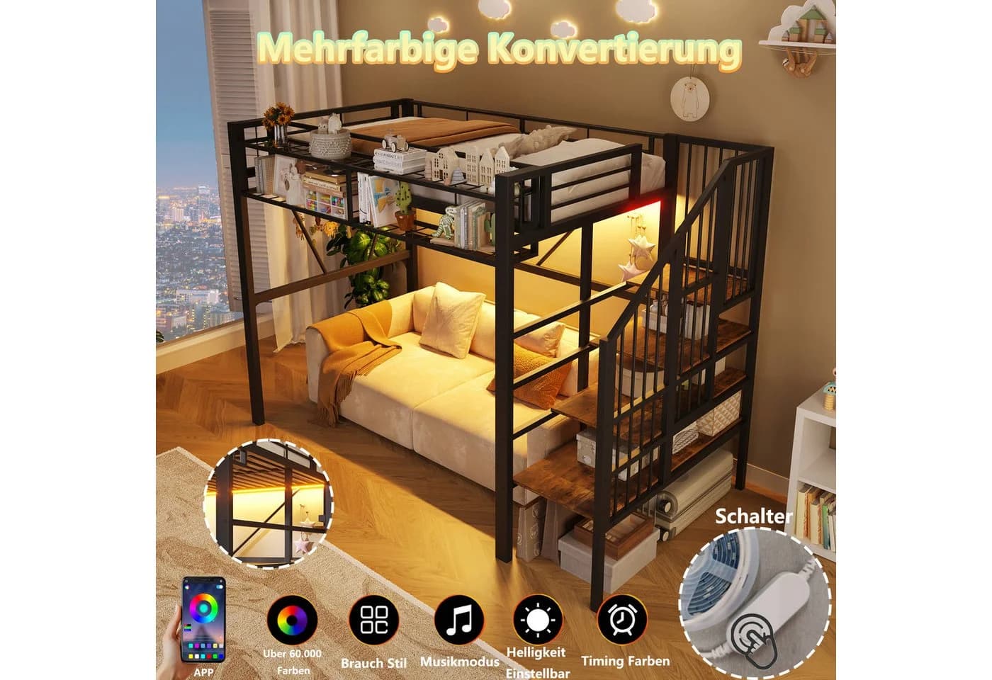 Flieks Hochbett Metallbett 90x200cm Schwarz mit LED und Stauraumtreppe - Bild 4