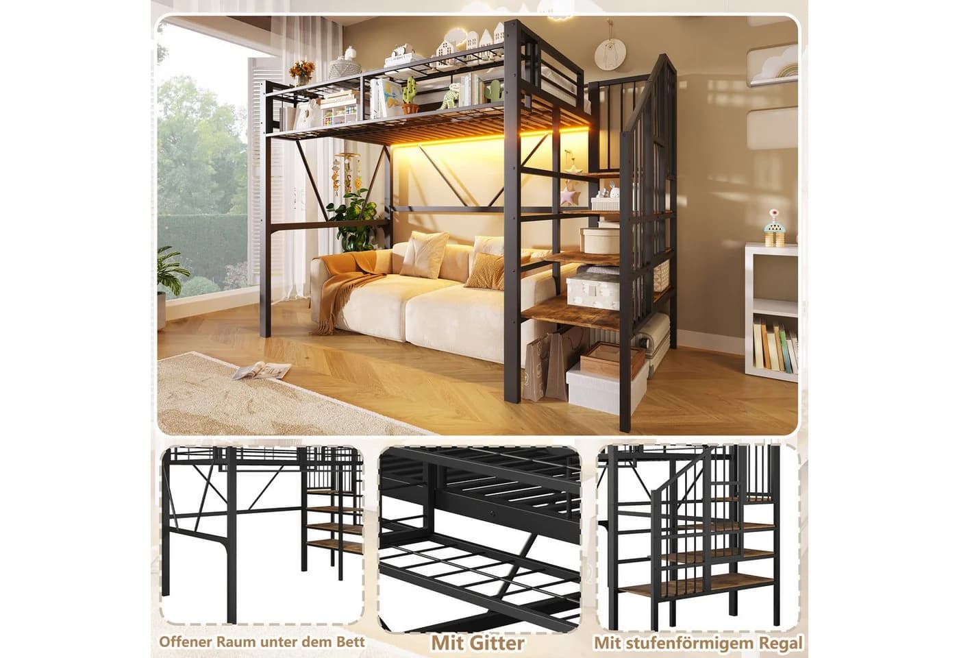 Flieks Hochbett Metallbett 90x200cm Schwarz mit LED und Stauraumtreppe - Bild 5