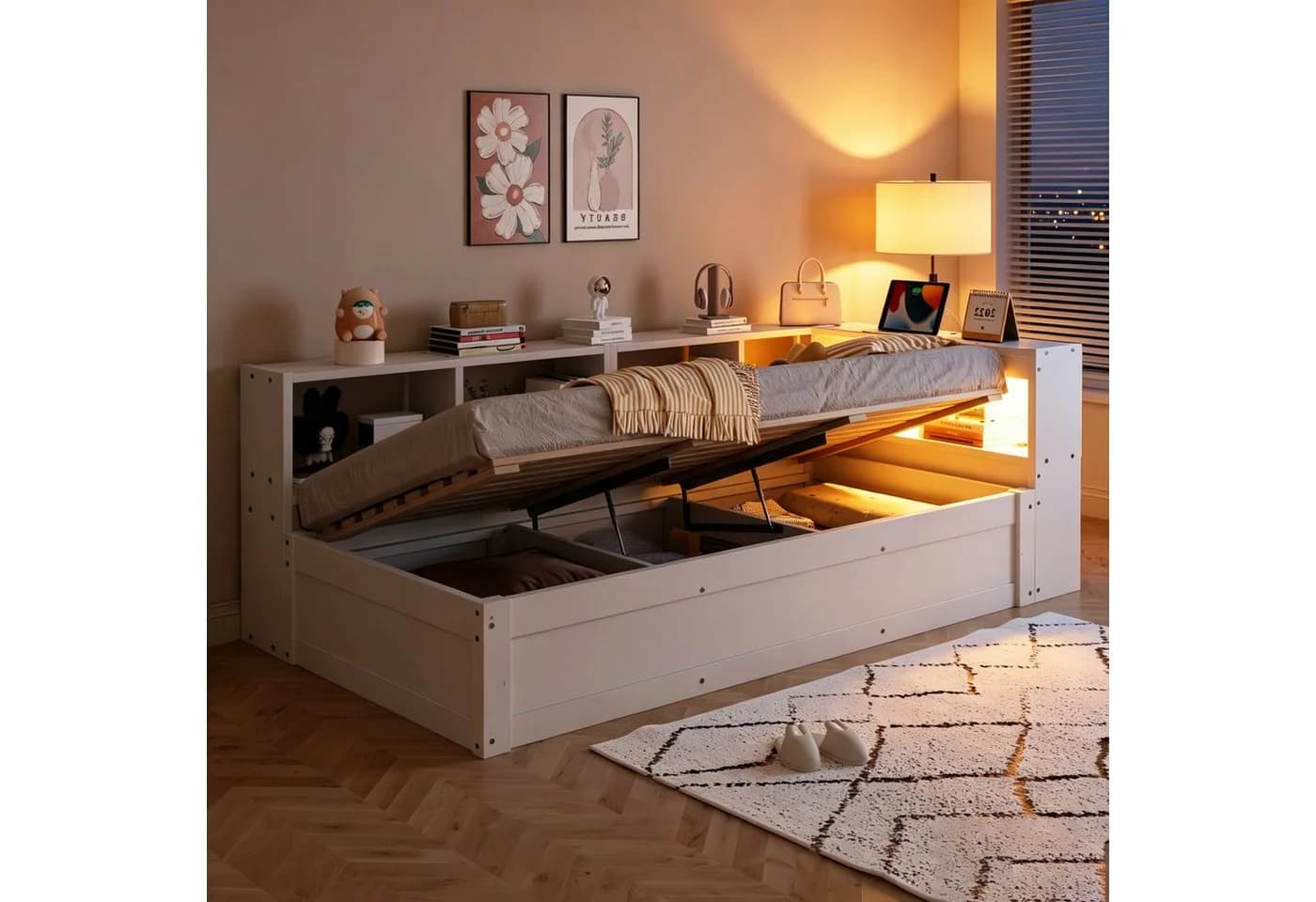 Flieks Massivholzbett Daybett 90x200 Weiß mit LED & Stauraum