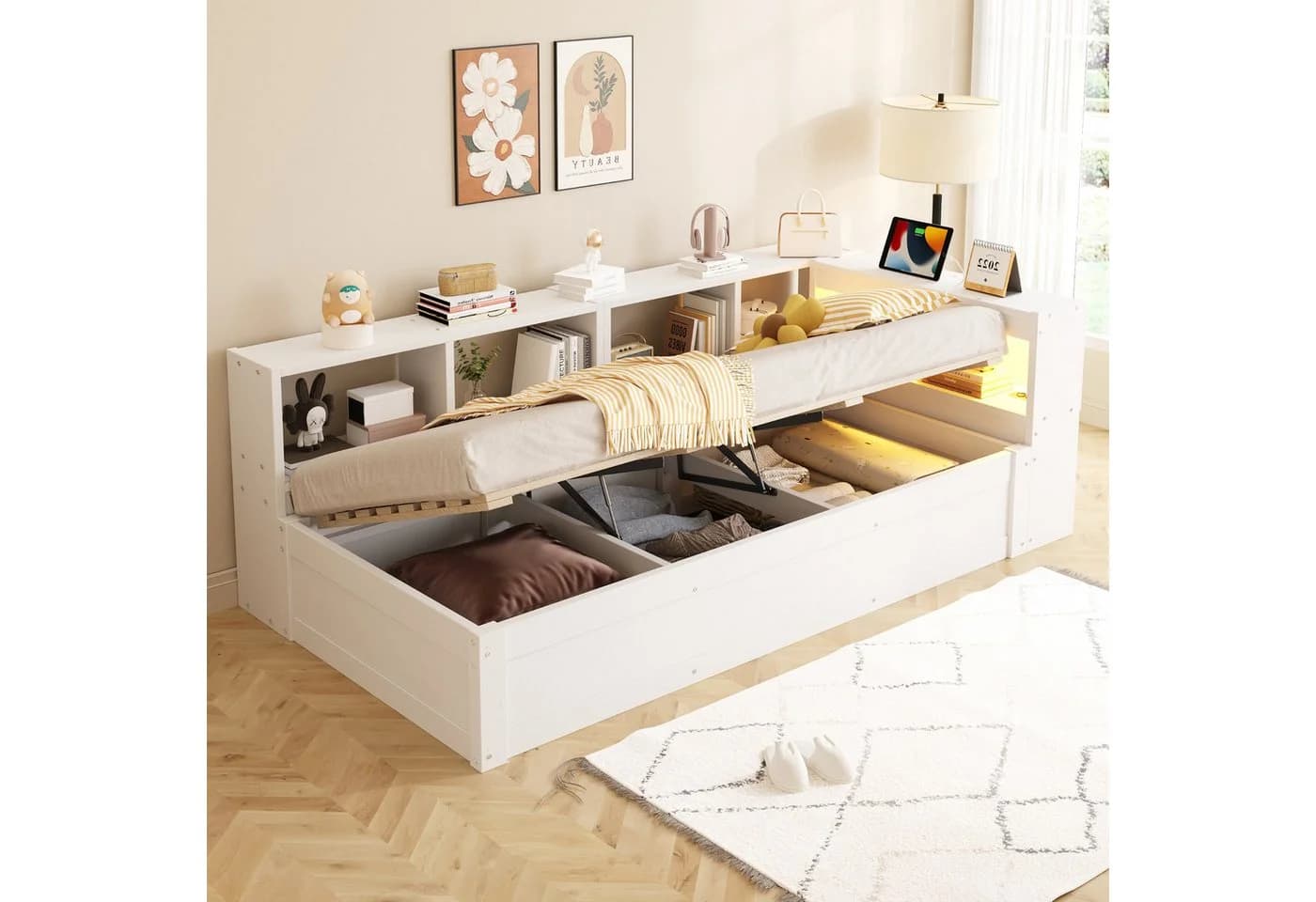 Flieks Massivholzbett Daybett 90x200 Weiß mit LED & Stauraum - Bild 2