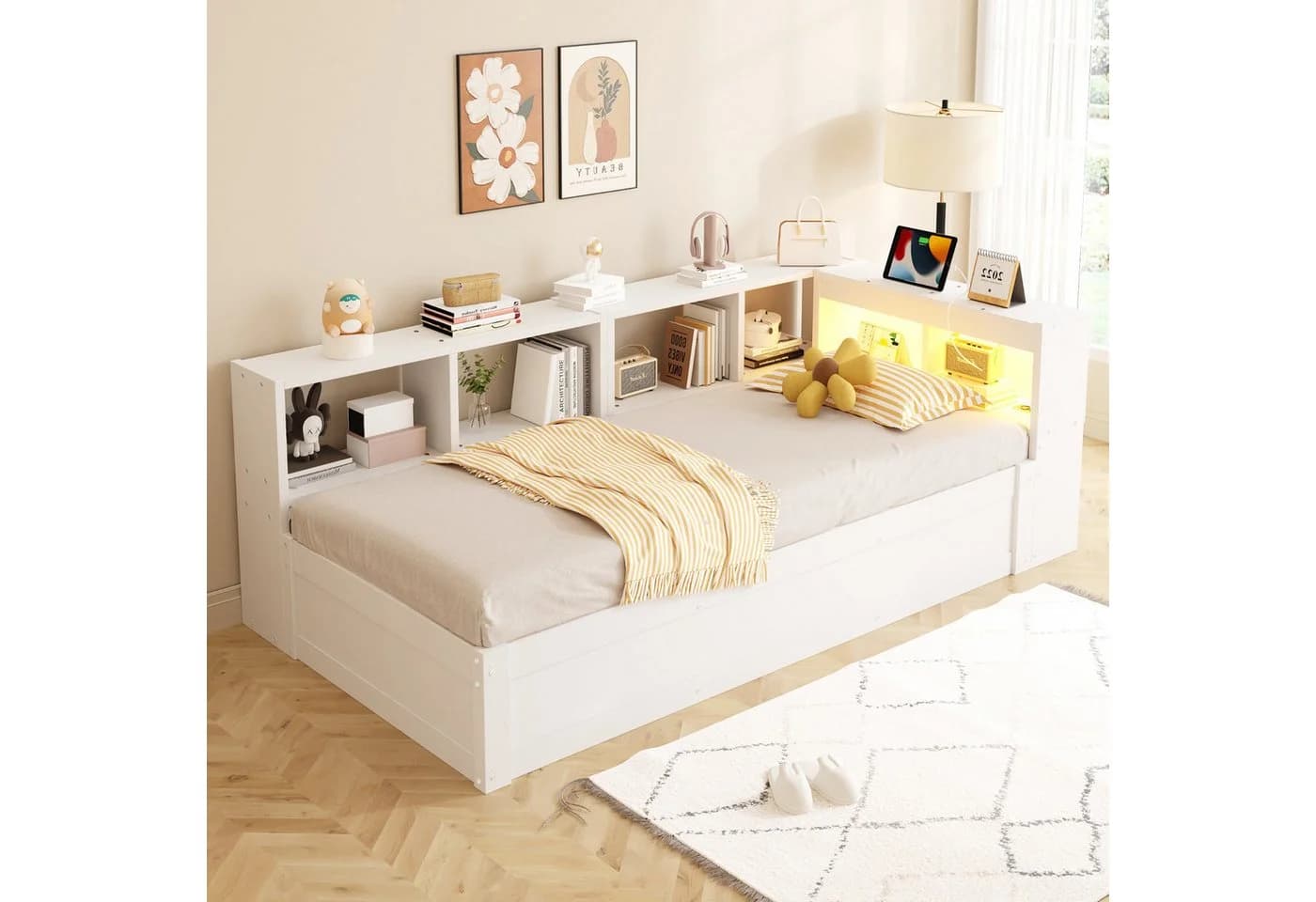 Flieks Massivholzbett Daybett 90x200 Weiß mit LED & Stauraum - Bild 3