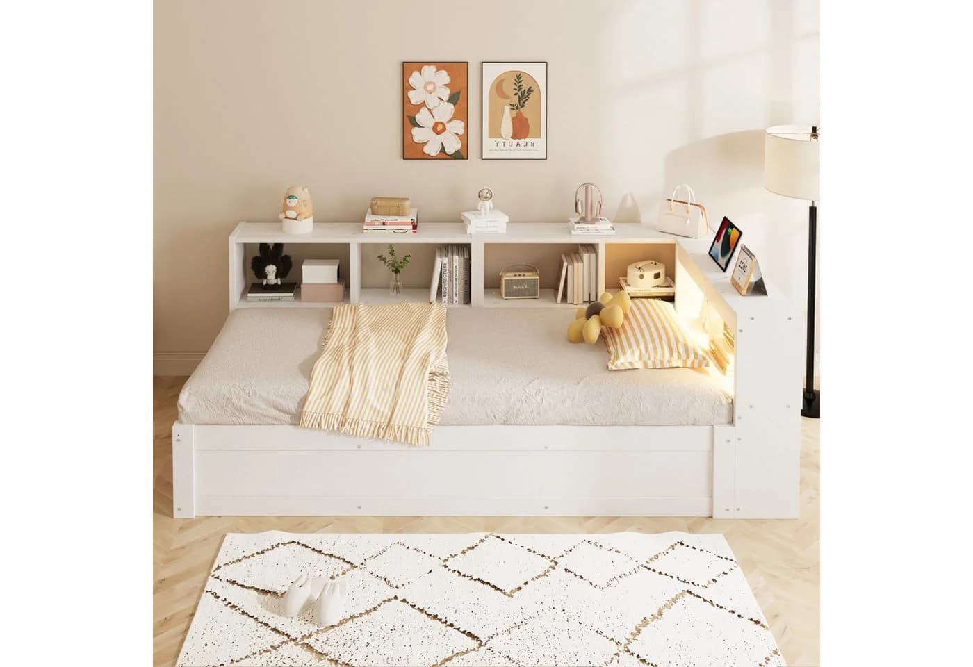 Flieks Massivholzbett Daybett 90x200 Weiß mit LED & Stauraum - Bild 4