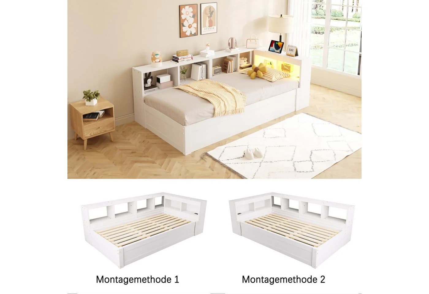 Flieks Massivholzbett Daybett 90x200 Weiß mit LED & Stauraum - Bild 5