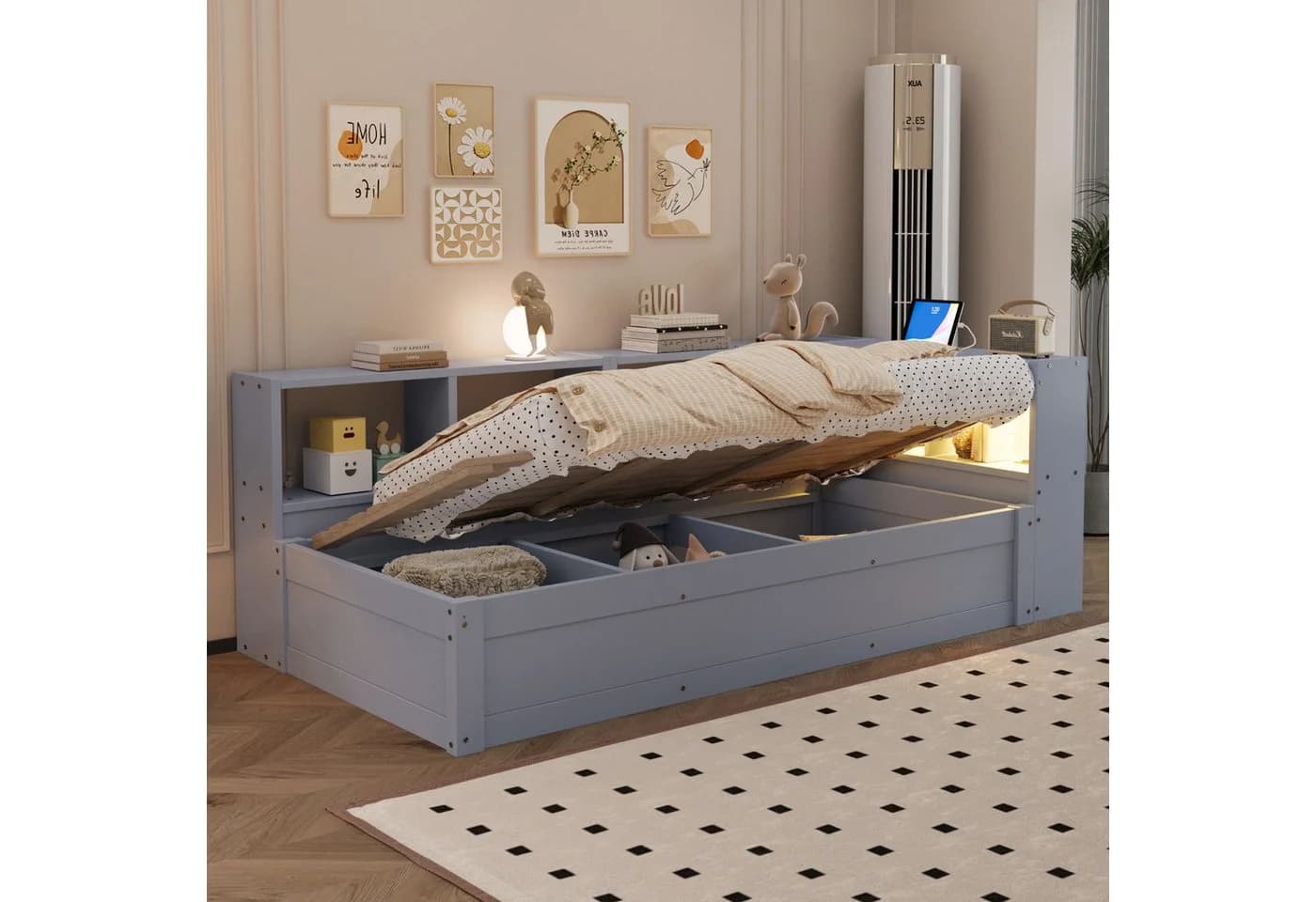 Flieks Massivholzbett Daybett Grau mit LED & Stauraum