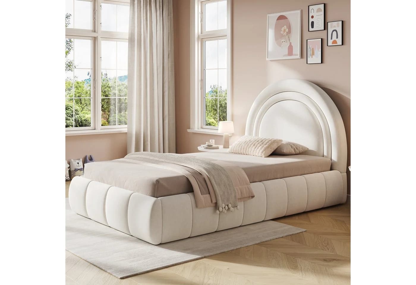 Flieks Polsterbett 90x200 beige mit Bettkasten und Samtbezug