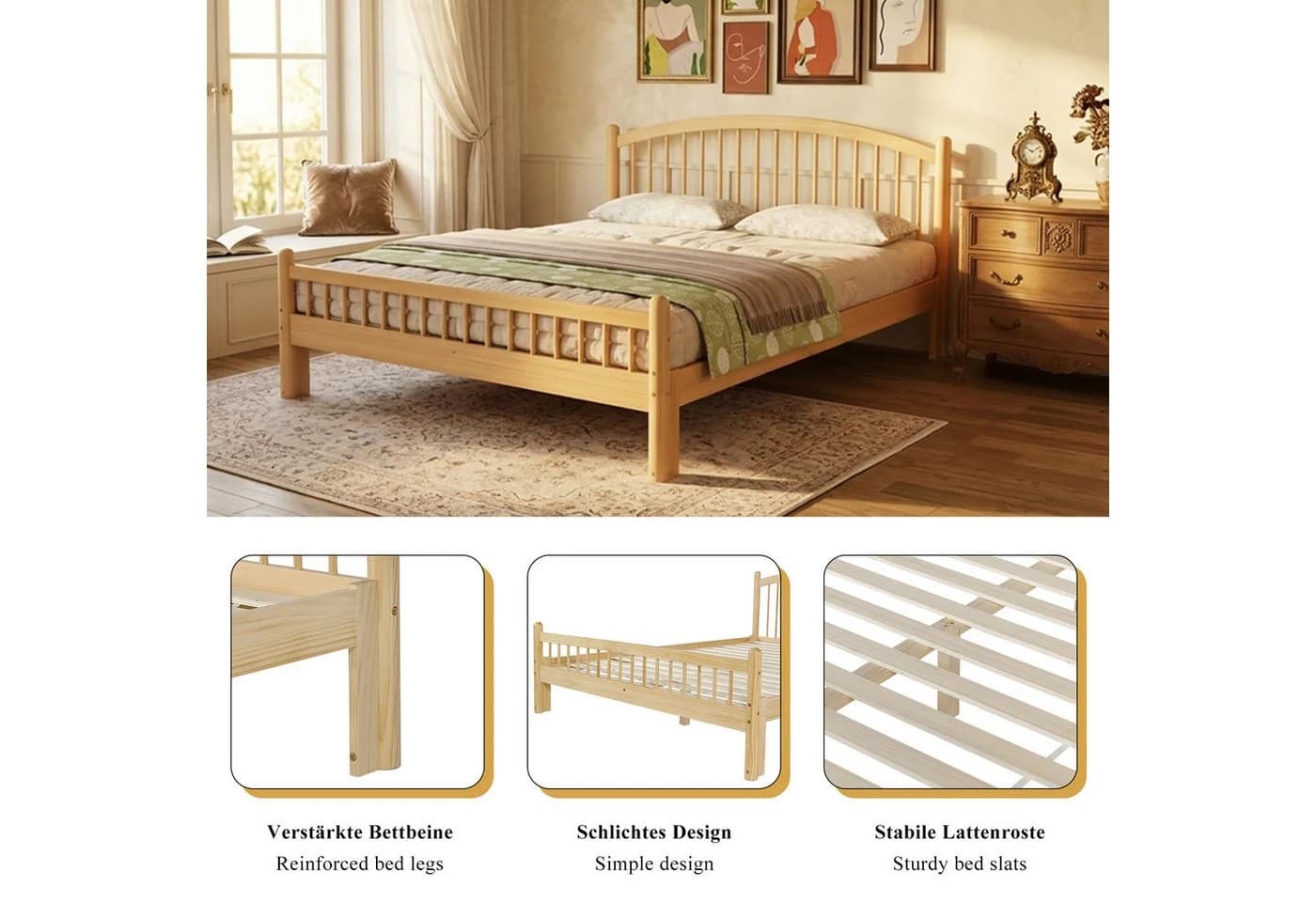 Flieks Massivholzbett 140x200 cm mit Lattenrost Beige - Bild 3
