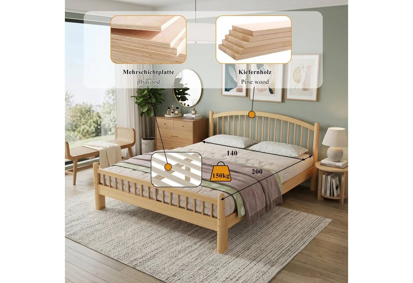 Flieks Massivholzbett 140x200 cm mit Lattenrost Beige - Bild 4