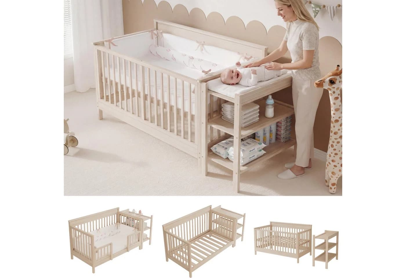 Flieks Babybett aus Kiefernholz höhenverstellbar mit Schutzzaun - Bild 2