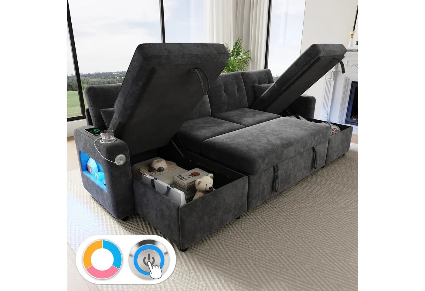 Merax Ecksofa U-förmig mit Schlaffunktion LED USB Beige/Grau - Bild 2