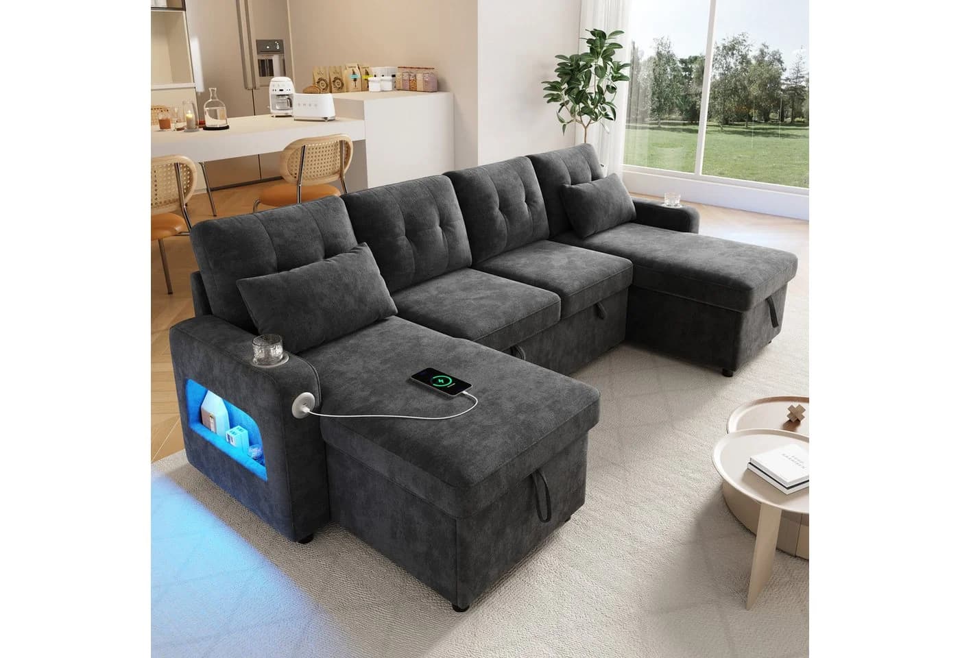 Merax Ecksofa U-förmig mit Schlaffunktion LED USB Beige/Grau - Bild 3