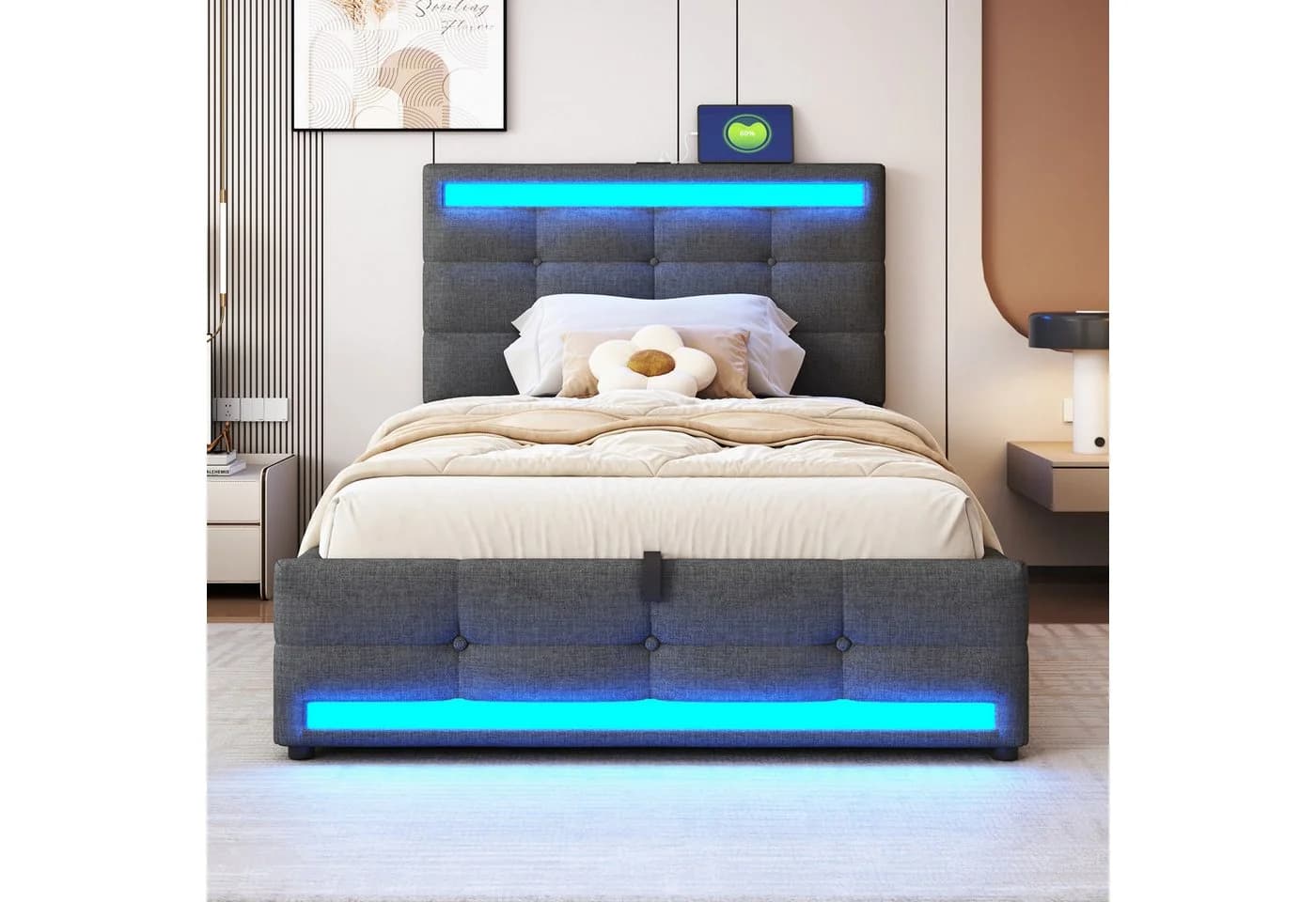 Merax Polsterbett LED USB Anschlüsse Jugendbett 90x200cm