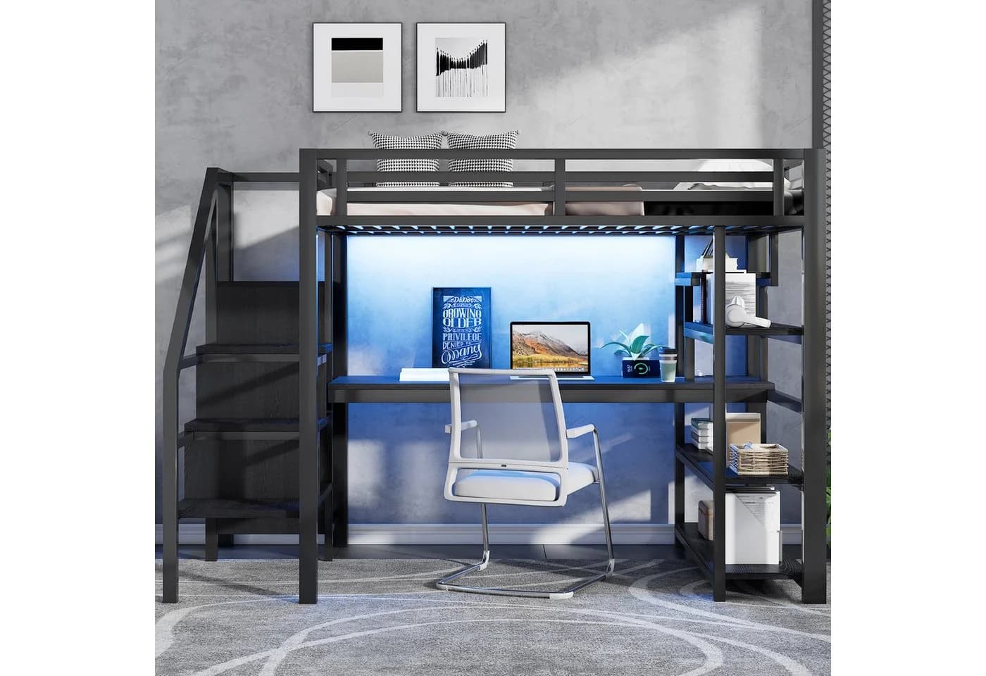 Merax Hochbett 140x200cm mit LED-Licht und USB-Ladestation Schwarz Metall