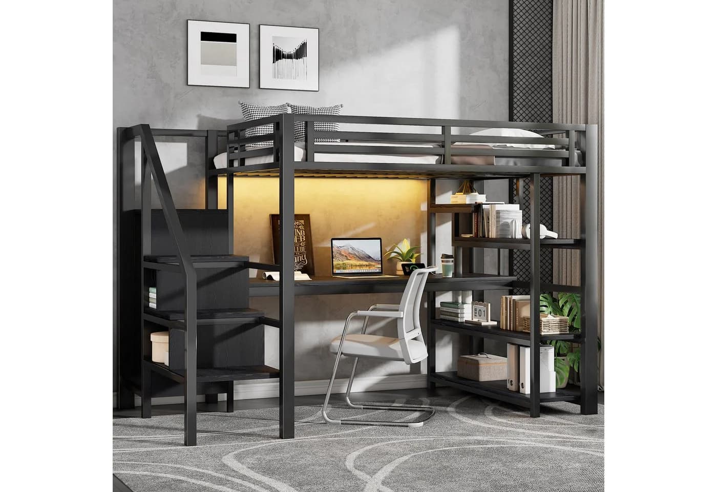 Merax Hochbett 140x200cm mit LED-Licht und USB-Ladestation Schwarz Metall - Bild 2